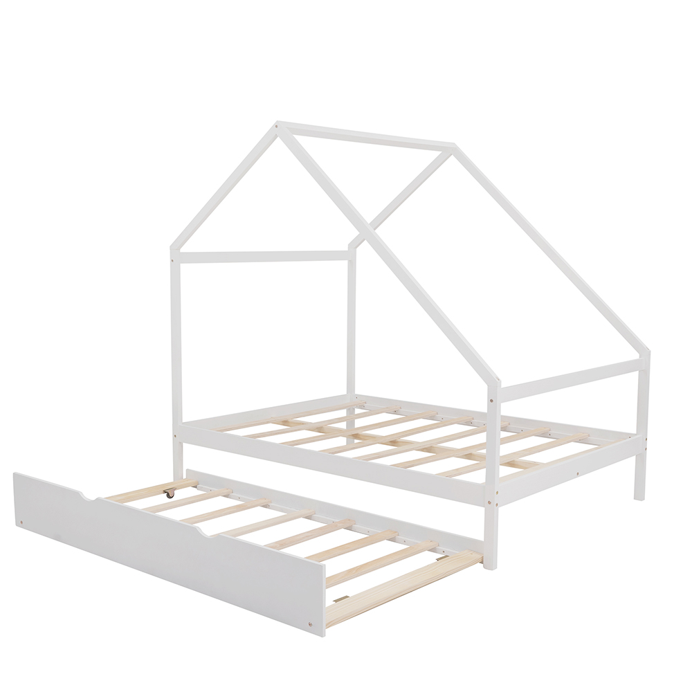 Full Size House-shaped Platform Bed Frame with Twin Size Trundle, and Wooden Slats Support, No Box Spring Needed (Only Frame) - White