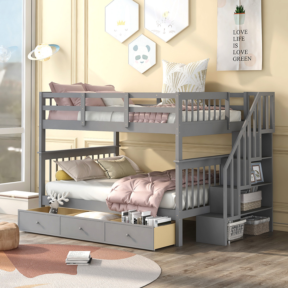 Full-Over-Full Size Bunk Bed Frame with Drawers, Storage Shelves, and Wooden Slats Support, for Kids, Teens, Boys, Girls (Frame Only) - Gray