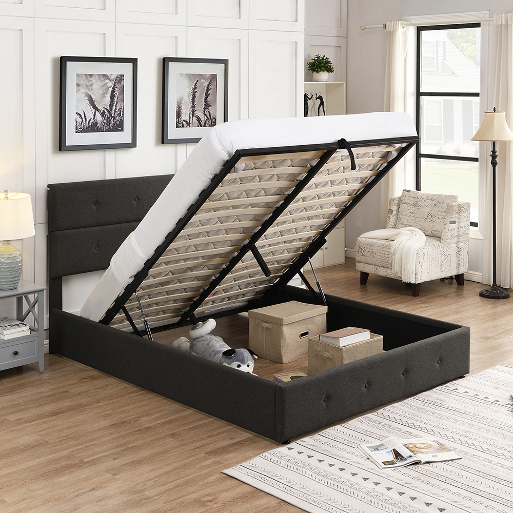 Queen Size Upholstered Platform Bed Frame with Storage Space, Headboard and Wooden Slats Support, No Box Spring Needed (Only Frame) - Gray