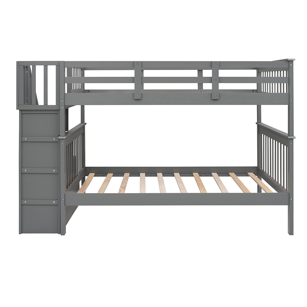 Full-Over-Full Size Bunk Bed Frame with Storage Stairs, Ladder, and Wooden Slats Support, for Kids, Teens, Boys, Girls (Frame Only) - Gray