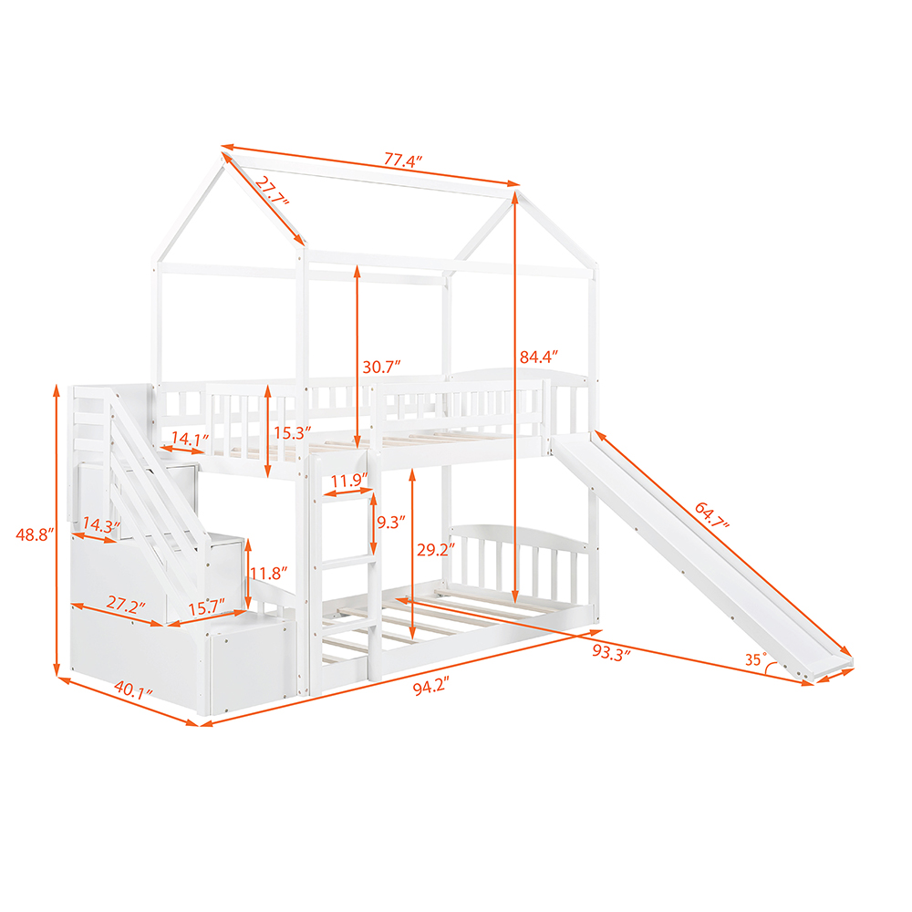 Twin-Over-Twin Size Bunk Bed Frame with Storage Stairs, Slide, and Wooden Slats Support, for Kids, Teens, Boys, Girls (Frame Only) - White