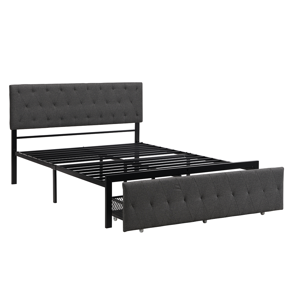 Queen Size Upholstered Platform Bed Frame with Storage Drawer, Headboard, and Metal Slats Support, No Box Spring Needed (Only Frame) - Gray