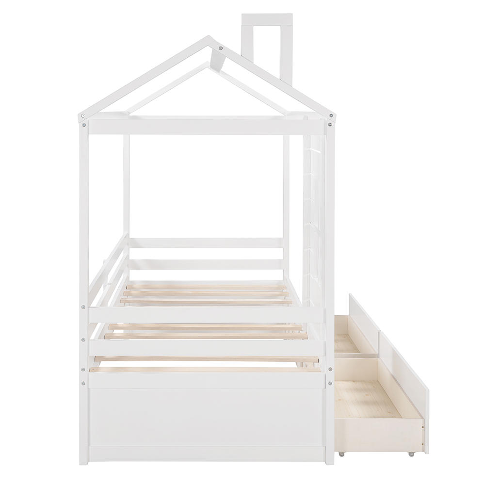 Twin Size House-shaped Platform Bed Frame with 2 Storage Drawers and Wooden Slats Support, No Box Spring Needed (Only Frame) - White