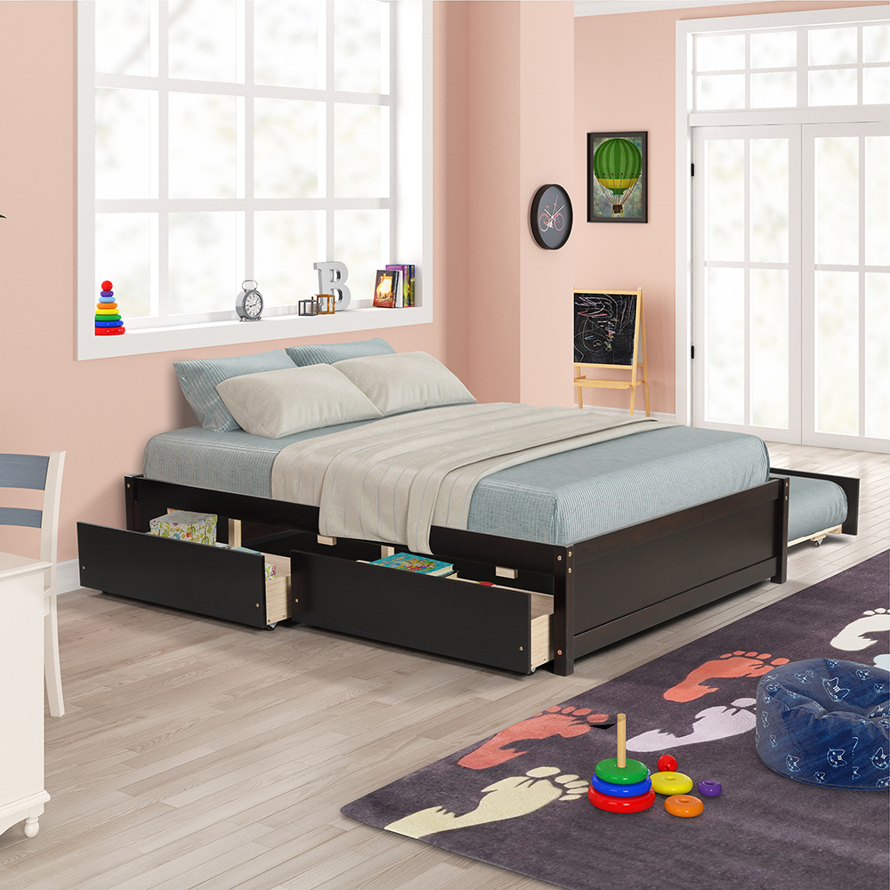 Full Size Platform Bed Frame with Twin Size Trundle, 2 Storage Drawers, and Wooden Slats Support, No Box Spring Needed (Only Frame) - Espresso