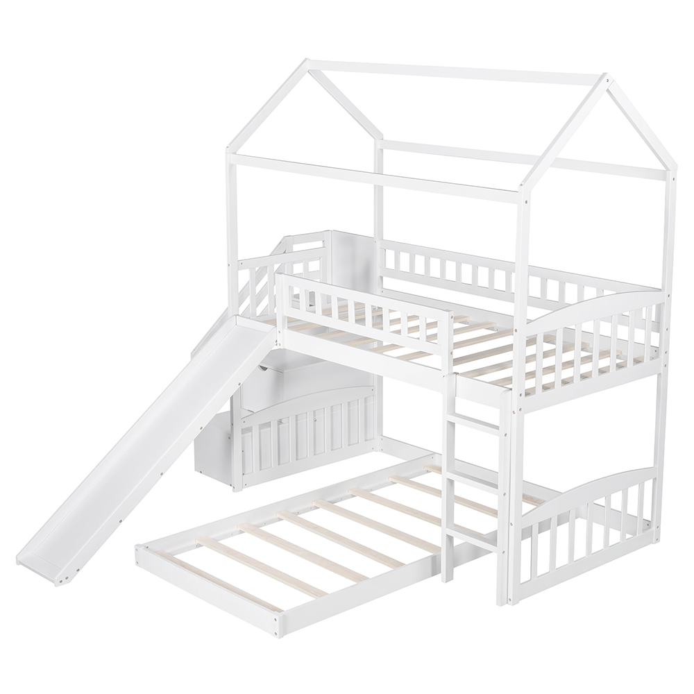 Twin-Over-Twin Size House-shaped Bunk Bed Frame with 2 Storage Drawers, Slide, Ladder, and Wooden Slats Support, for Kids, Teens, Boys, Girls (Frame Only) - White