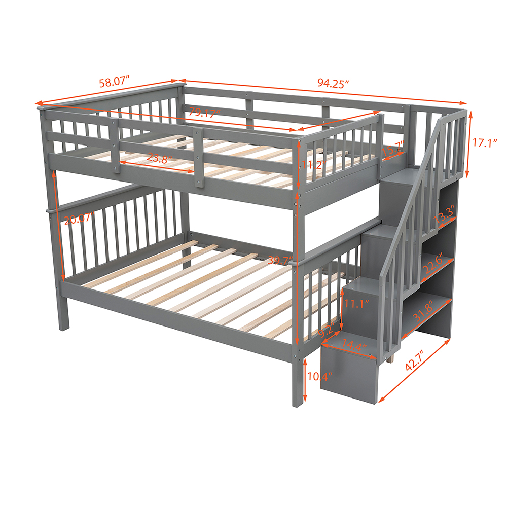 Full-Over-Full Size Bunk Bed Frame with Storage Stairs, Ladder, and Wooden Slats Support, for Kids, Teens, Boys, Girls (Frame Only) - Gray