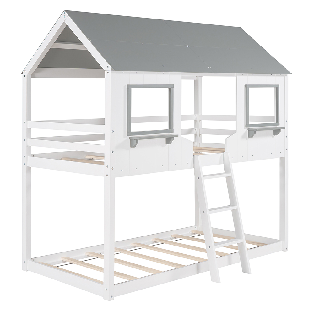 Twin-Over-Twin Size House-shaped Bunk Bed Frame with Ladder, and Wooden Slats Support, for Kids, Teens, Boys, Girls (Frame Only) - White