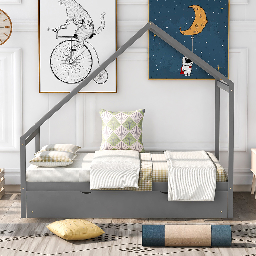 Full Size House-shaped Platform Bed Frame with Twin Size Trundle, and Wooden Slats Support, No Box Spring Needed (Only Frame) - Gray