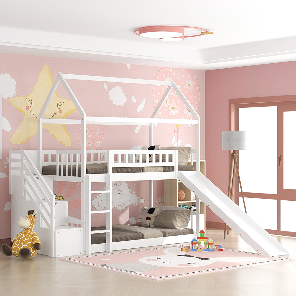 Twin-Over-Twin Size Bunk Bed Frame with Storage Stairs, Slide, and Wooden Slats Support, for Kids, Teens, Boys, Girls (Frame Only) - White