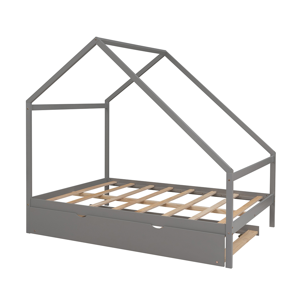 Full Size House-shaped Platform Bed Frame with Twin Size Trundle, and Wooden Slats Support, No Box Spring Needed (Only Frame) - Gray