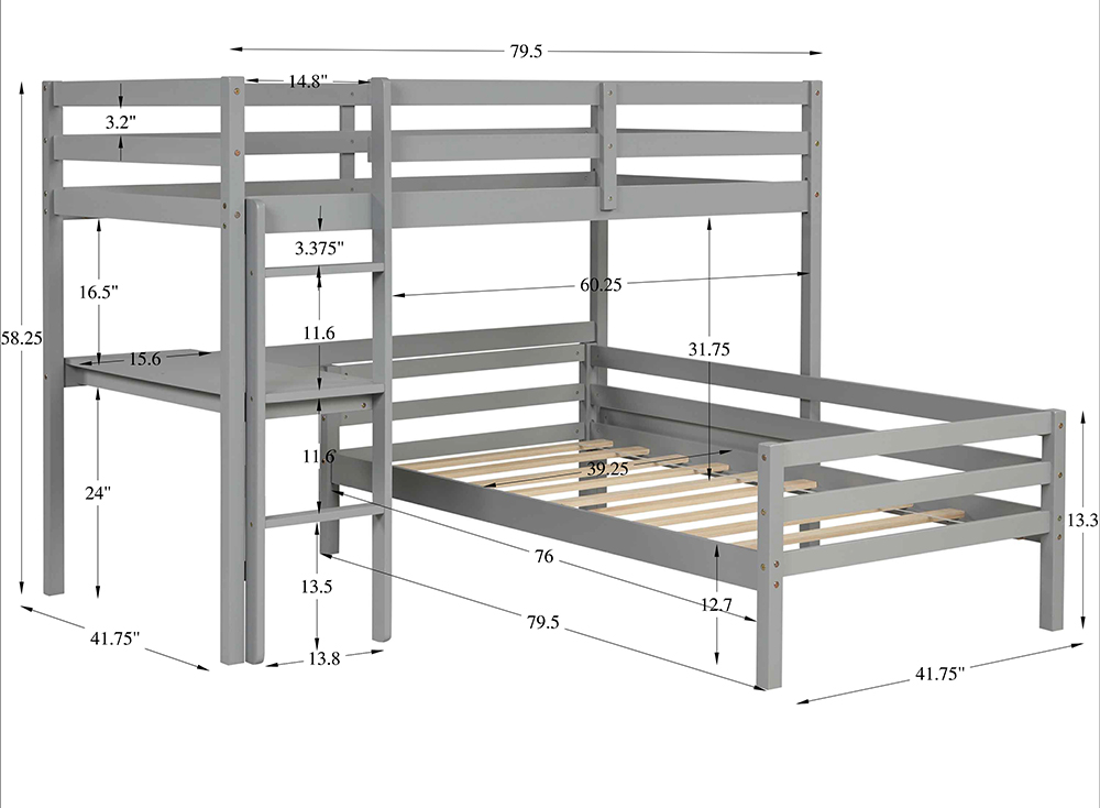 Twin-Over-Twin Size L-shaped Bunk Bed Frame with Desk, Ladder, and Wooden Slats Support, for Kids, Teens, Boys, Girls (Frame Only) - Gray