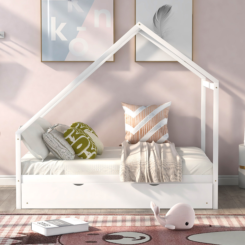 Full Size House-shaped Platform Bed Frame with Twin Size Trundle, and Wooden Slats Support, No Box Spring Needed (Only Frame) - White