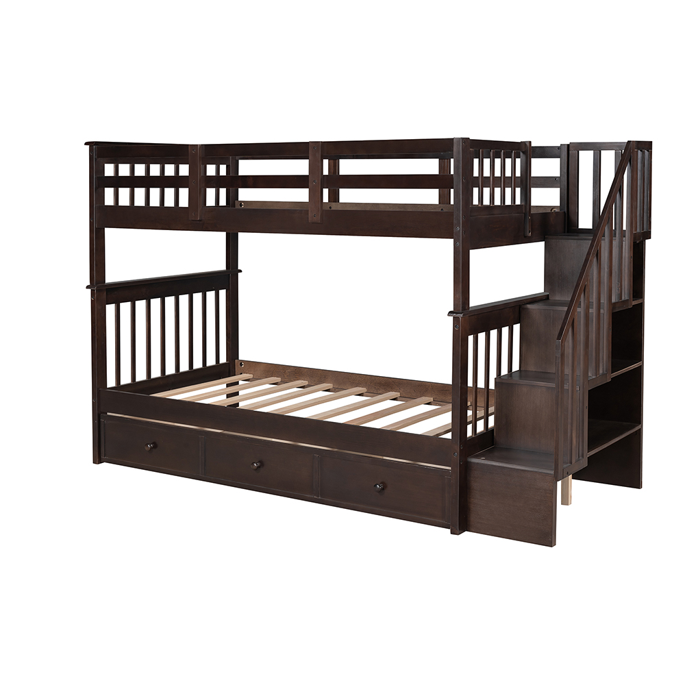 Twin-Over-Twin Size Detachable Bunk Bed Frame with Drawers, Storage Shelves, and Wooden Slats Support, for Kids, Teens, Boys, Girls (Frame Only) - Espresso