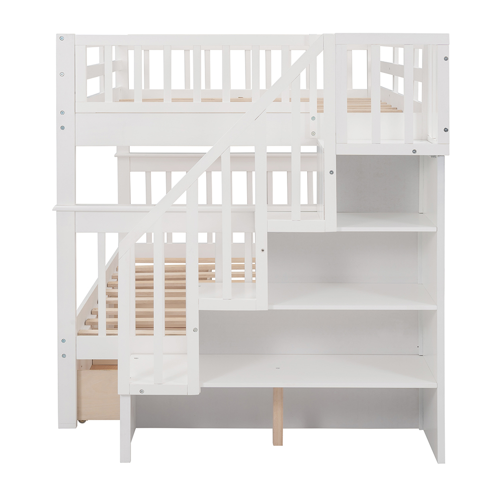 Full-Over-Full Size Bunk Bed Frame with Drawers, Storage Shelves, and Wooden Slats Support, for Kids, Teens, Boys, Girls (Frame Only) - White