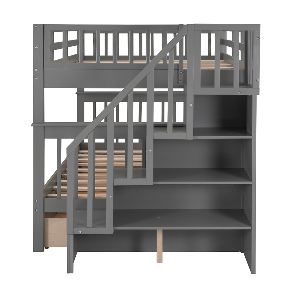 Full-Over-Full Size Bunk Bed Frame with Drawers, Storage Shelves, and Wooden Slats Support, for Kids, Teens, Boys, Girls (Frame Only) - Gray
