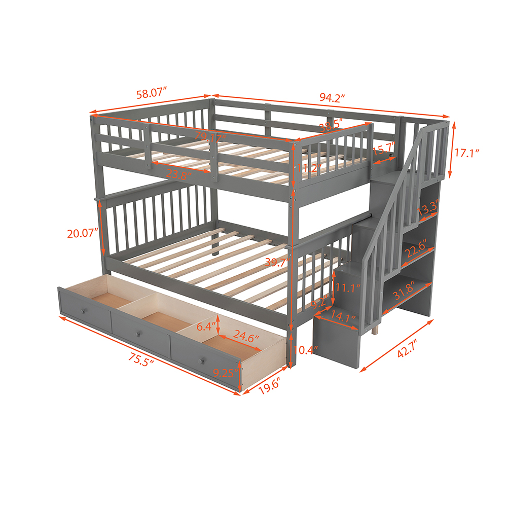 Full-Over-Full Size Bunk Bed Frame with Drawers, Storage Shelves, and Wooden Slats Support, for Kids, Teens, Boys, Girls (Frame Only) - Gray