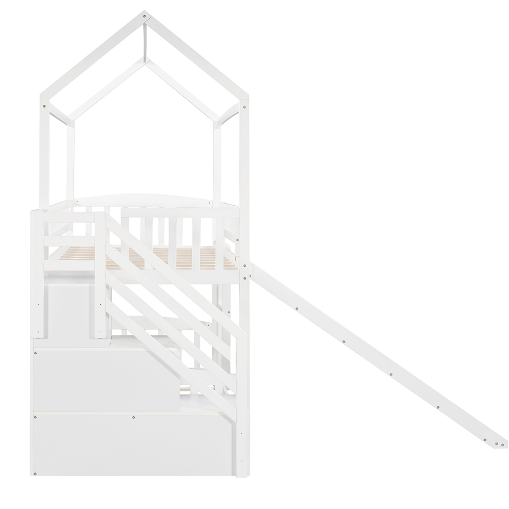 Twin-Over-Twin Size Bunk Bed Frame with Storage Stairs, Slide, and Wooden Slats Support, for Kids, Teens, Boys, Girls (Frame Only) - White