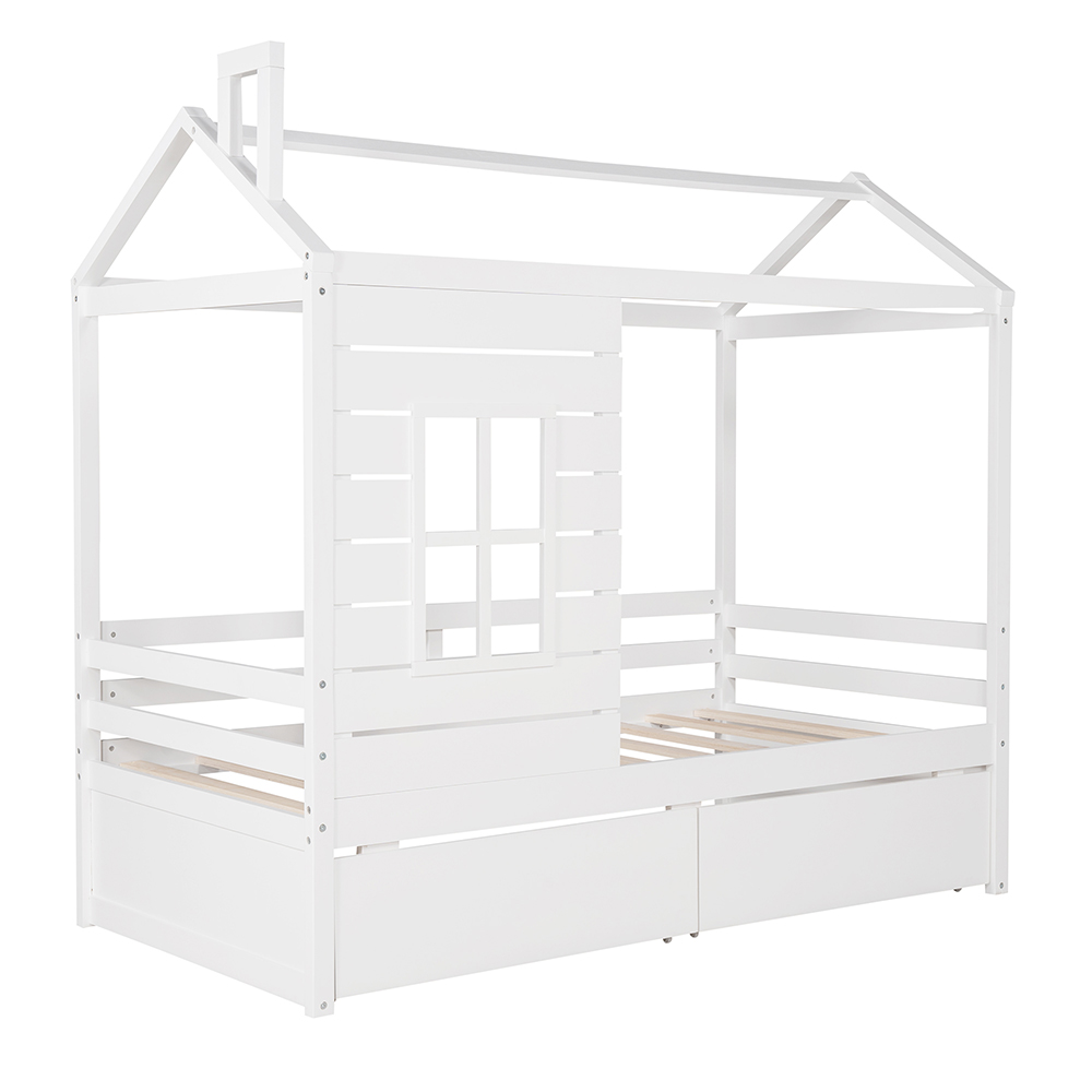 Twin Size House-shaped Platform Bed Frame with 2 Storage Drawers and Wooden Slats Support, No Box Spring Needed (Only Frame) - White
