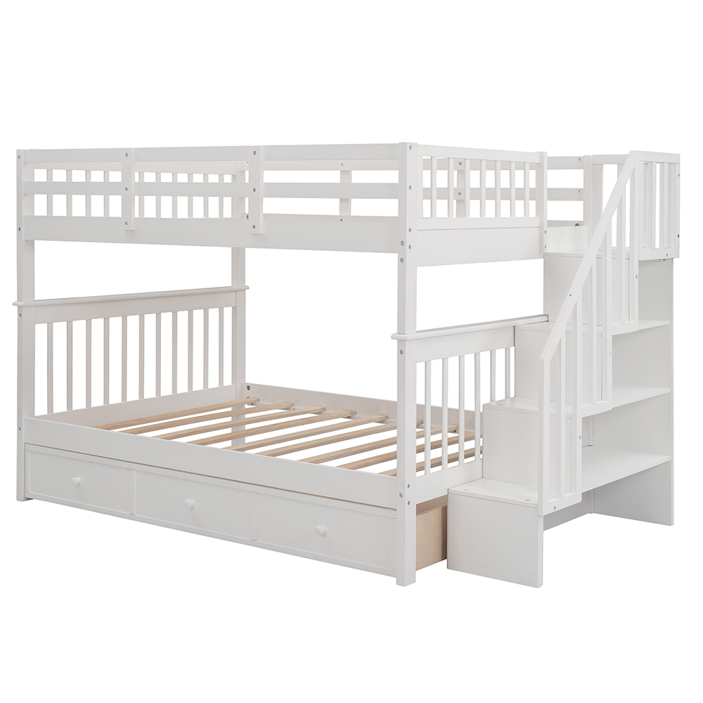 Full-Over-Full Size Bunk Bed Frame with Drawers, Storage Shelves, and Wooden Slats Support, for Kids, Teens, Boys, Girls (Frame Only) - White