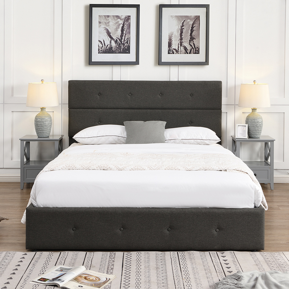 Queen Size Upholstered Platform Bed Frame with Storage Space, Headboard and Wooden Slats Support, No Box Spring Needed (Only Frame) - Gray