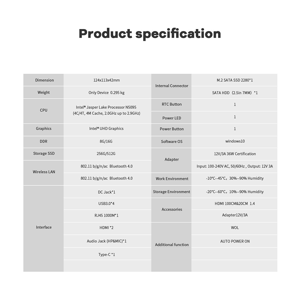 Beelink U59 Mini PC Intel Jasper Lake N5095 16GB RAM/512GB SSD 2.4G+5G WIFI Bluetooth 1000Mbps LAN 2xHDMI