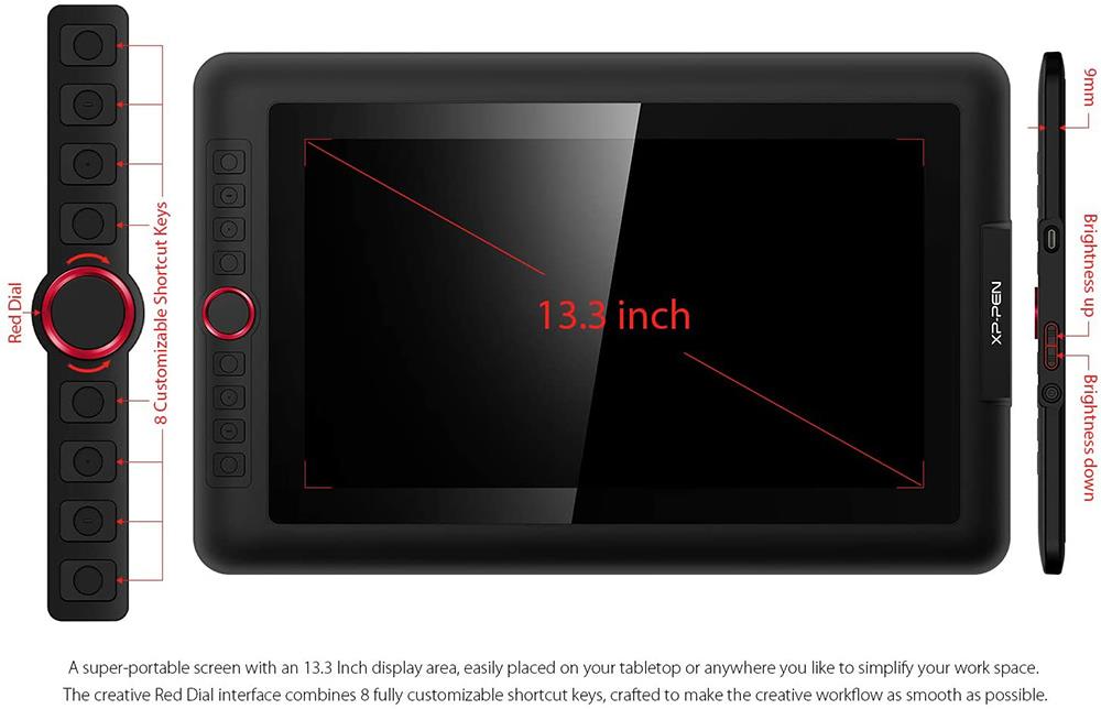 XP-PEN Artist 13.3 Pro Graphic Tablet with 13.3 Inch 88% NTSC Display, 8192 Level Stylus Pen, for Drawing, Design, Editing, Compatible with Windows, Mac - Black