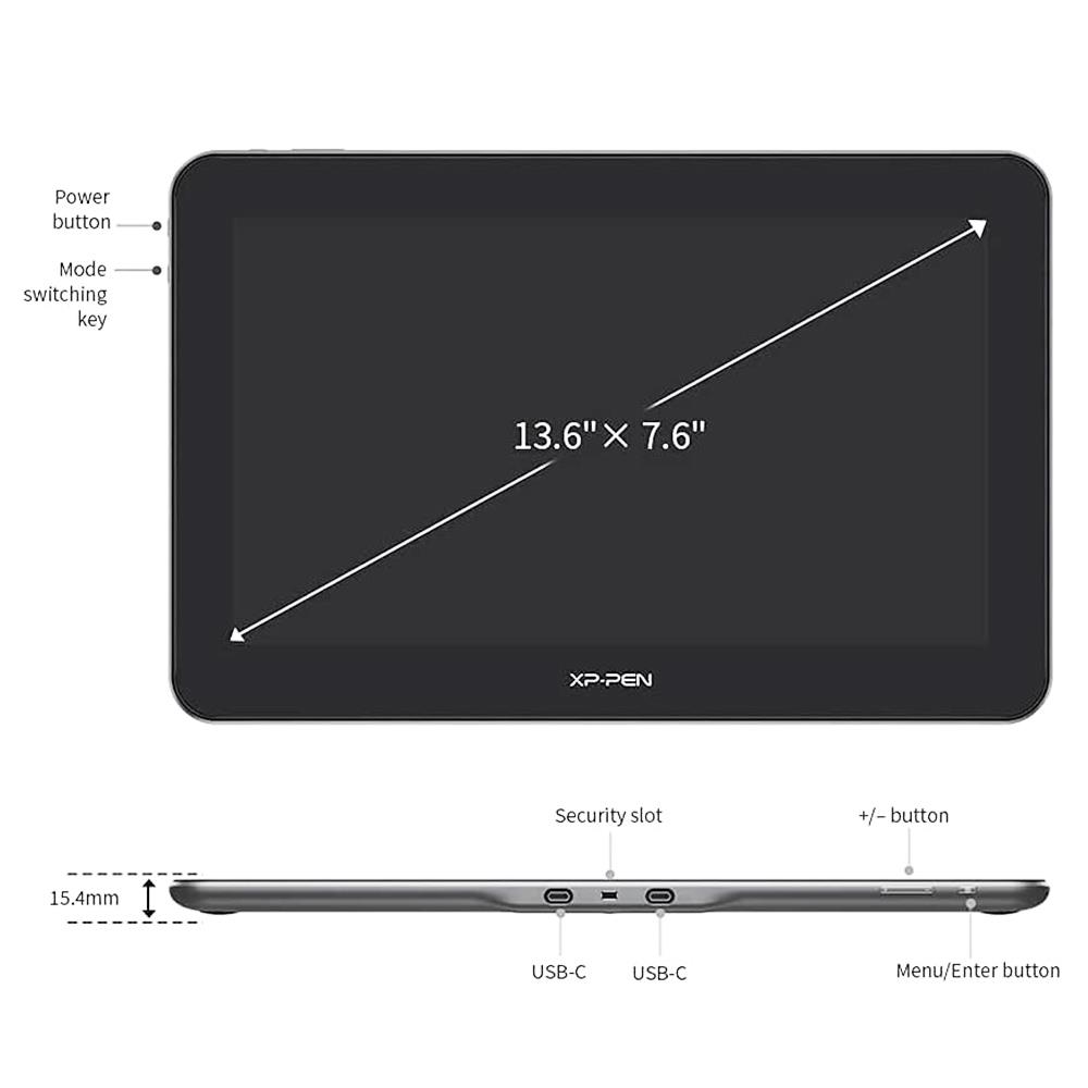 XP-PEN Artist Pro 16TP Graphic Tablet with 13.6 x 7.6 Inch 4K Display, 8192 Level Stylus Pen, for Drawing, Design, Editing, Compatible with Windows, Mac - Black