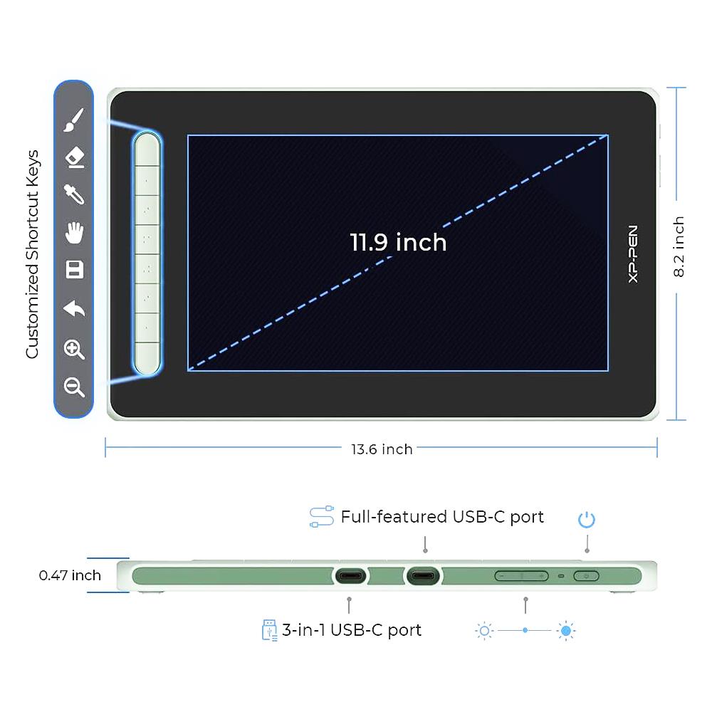 XP-PEN Artist 12 2nd Generation Graphic Tablet with 13.6 x 8.2 Inch 127% sRGB Display, 8192 Level Stylus Pen, for Drawing, Design, Editing, Compatible with Windows, Mac, Chrome OS, Linux, Android - Green