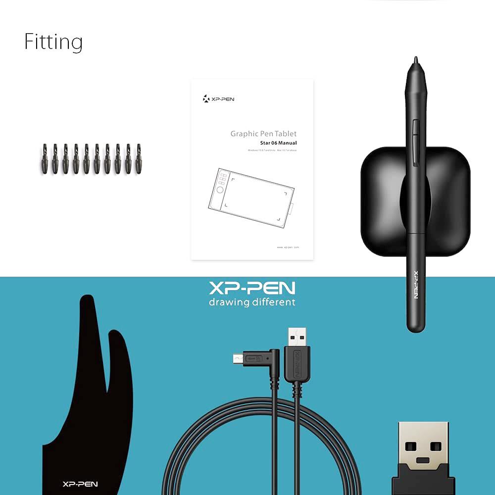 XP-Pen Star 06 Graphic Tablet with 10 x 6 Inch Work Surface, 8192 Level Stylus Pen, for Drawing, Design, Editing, Compatible with Mac, Windows - Black