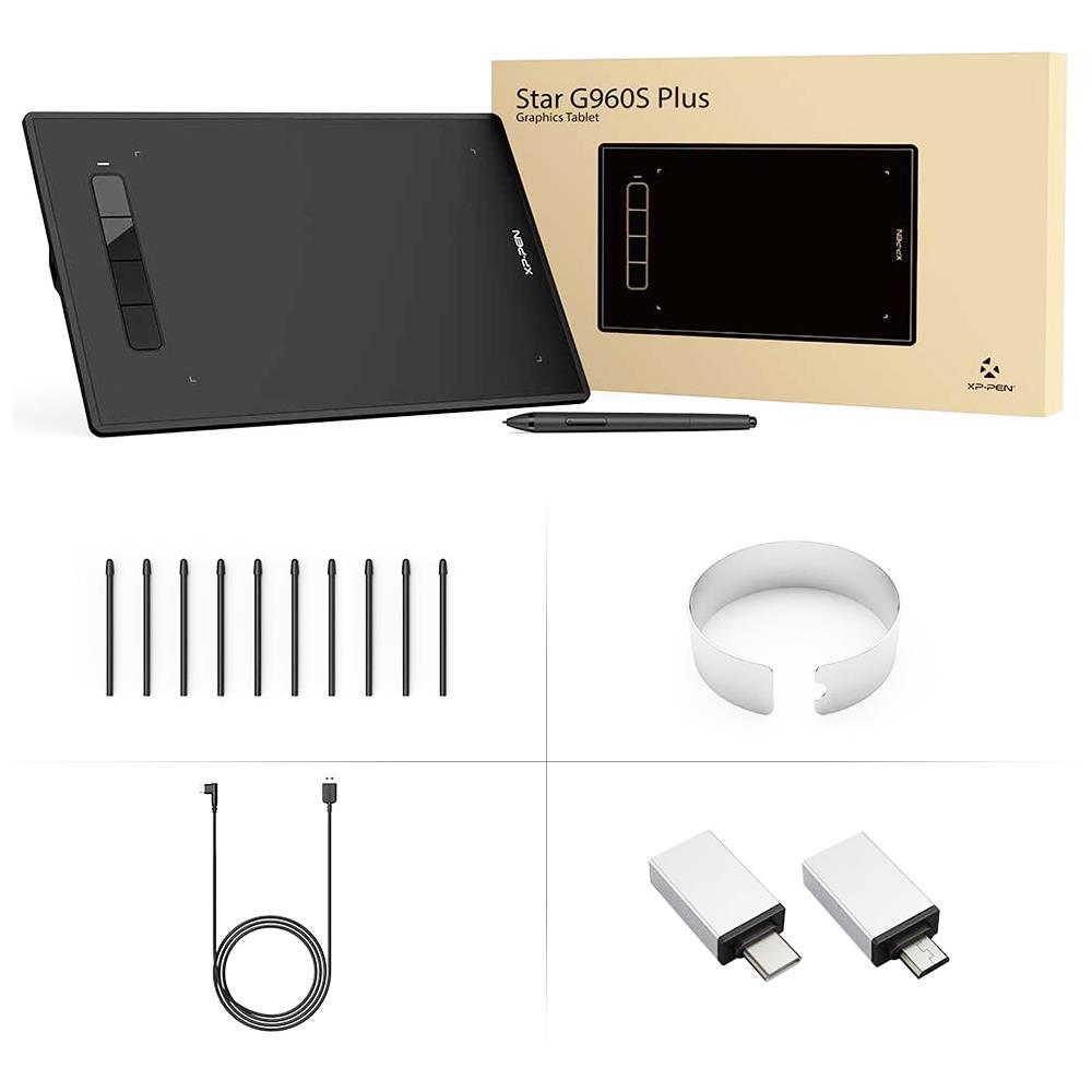XP-PEN Star G960S Plus Graphic Tablet with 9 x 6 Inch Work Surface, 8192 Level Stylus Pen, for Drawing, Design, Editing, Compatible with Mac, Windows, Android - Black