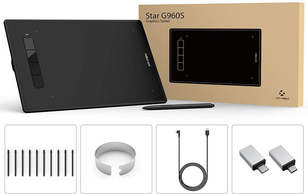 XP-PEN Star G960S Graphic Tablet with 9 x 6 Inch Work Surface, 8192 Level Stylus Pen, for Drawing, Design, Editing, Compatible with Mac, Windows, Android, Linux - Black