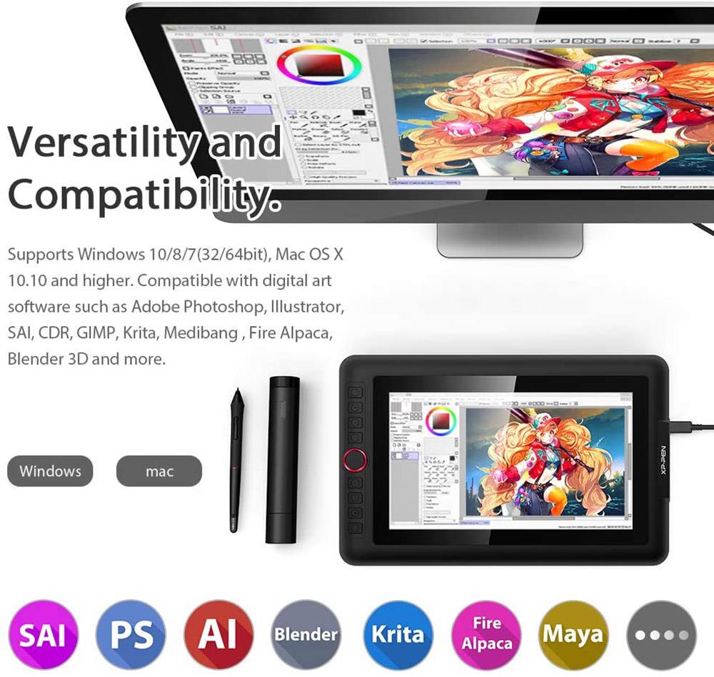 XP-PEN Artist 13.3 Pro Graphic Tablet with 13.3 Inch 88% NTSC Display, 8192 Level Stylus Pen, for Drawing, Design, Editing, Compatible with Windows, Mac - Black