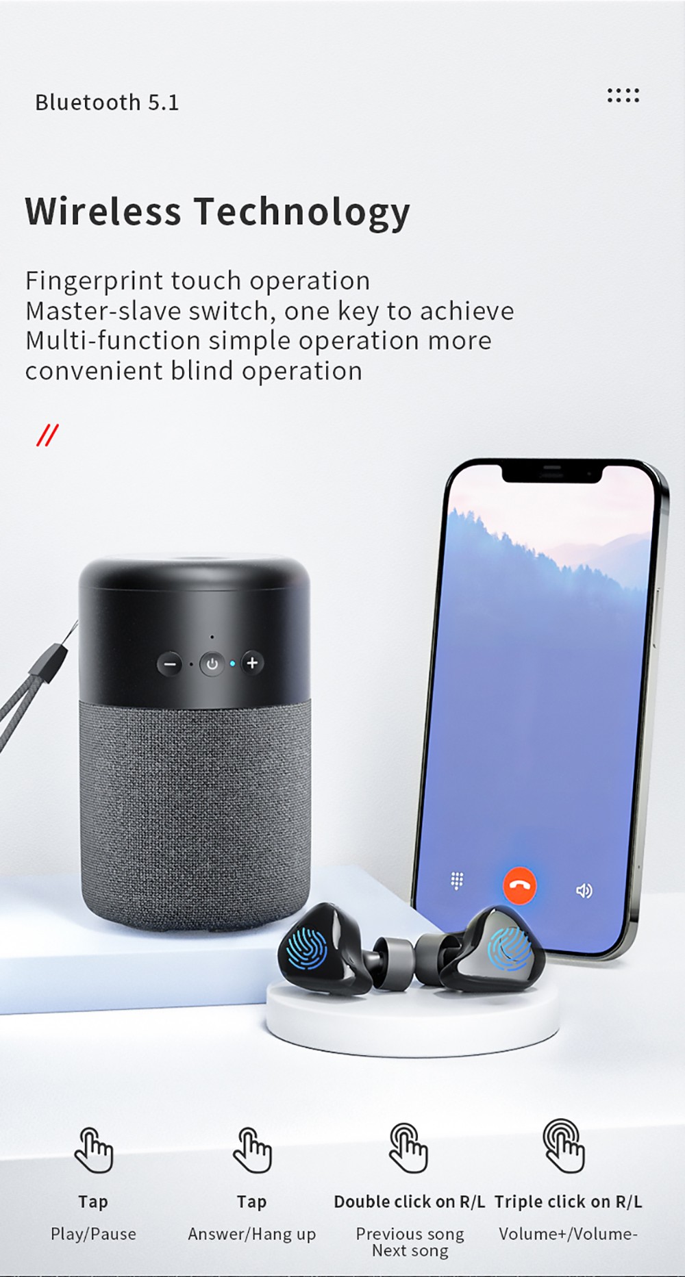 B20 2in1 Mini Portable Outdoor Wireless Speaker with Earphone Touch Control - White