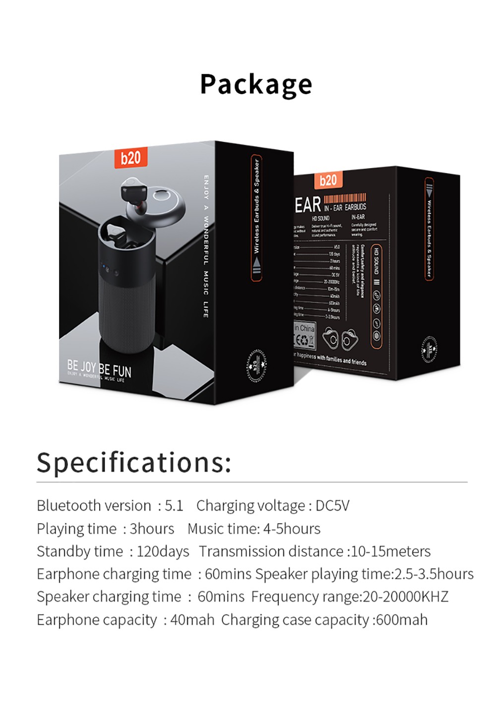 B20 2in1 Mini Portable Outdoor Wireless Speaker with Earphone Touch Control - White