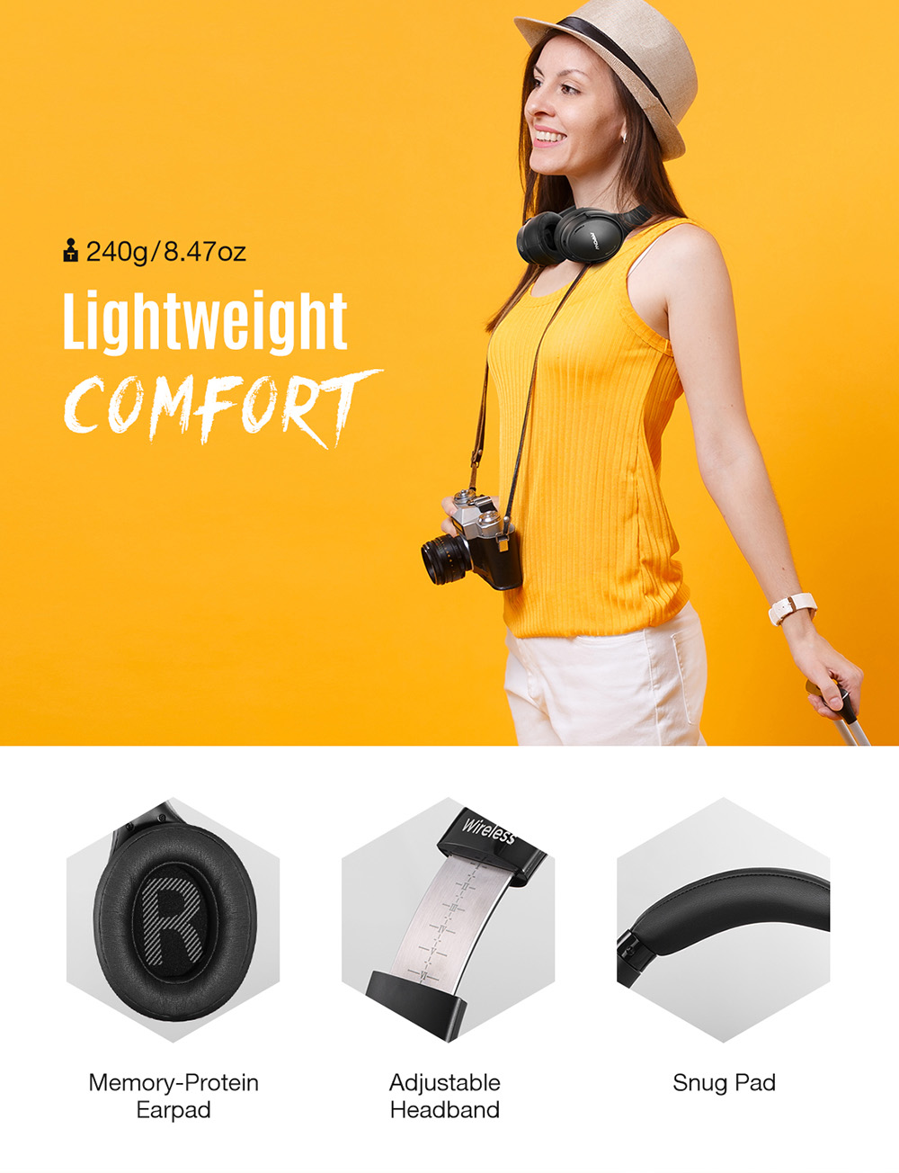 Mpow H19 Wireless Active Noise Canceling Headphones with Bluetooth 5.0 CVC8.0 Mic 35H Playtime & Fast Charge