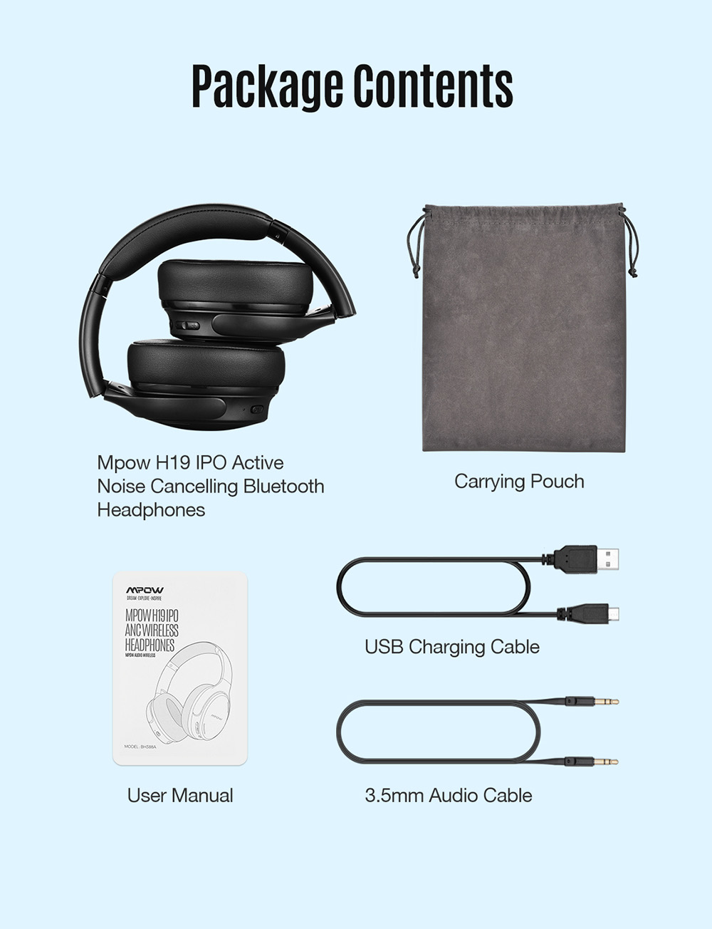 Mpow H19 Wireless Active Noise Canceling Headphones with Bluetooth 5.0 CVC8.0 Mic 35H Playtime & Fast Charge