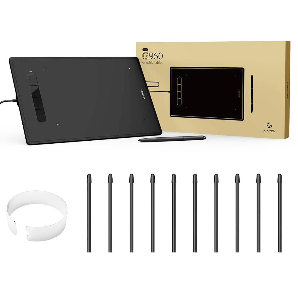 XP-PEN Star G960 Graphic Tablet with 8.35 x 5.33 Inch Work Surface, 8192 Level Stylus Pen, for Drawing, Design, Editing, Compatible with Mac, Windows - Black
