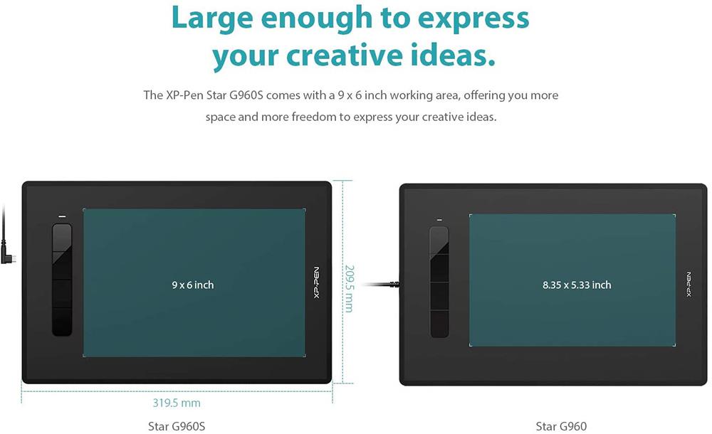 XP-PEN Star G960S Graphic Tablet with 9 x 6 Inch Work Surface, 8192 Level Stylus Pen, for Drawing, Design, Editing, Compatible with Mac, Windows, Android, Linux - Black