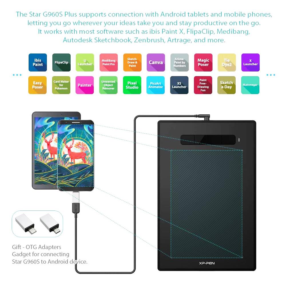 XP-PEN Star G960S Plus Graphic Tablet with 9 x 6 Inch Work Surface, 8192 Level Stylus Pen, for Drawing, Design, Editing, Compatible with Mac, Windows, Android - Black
