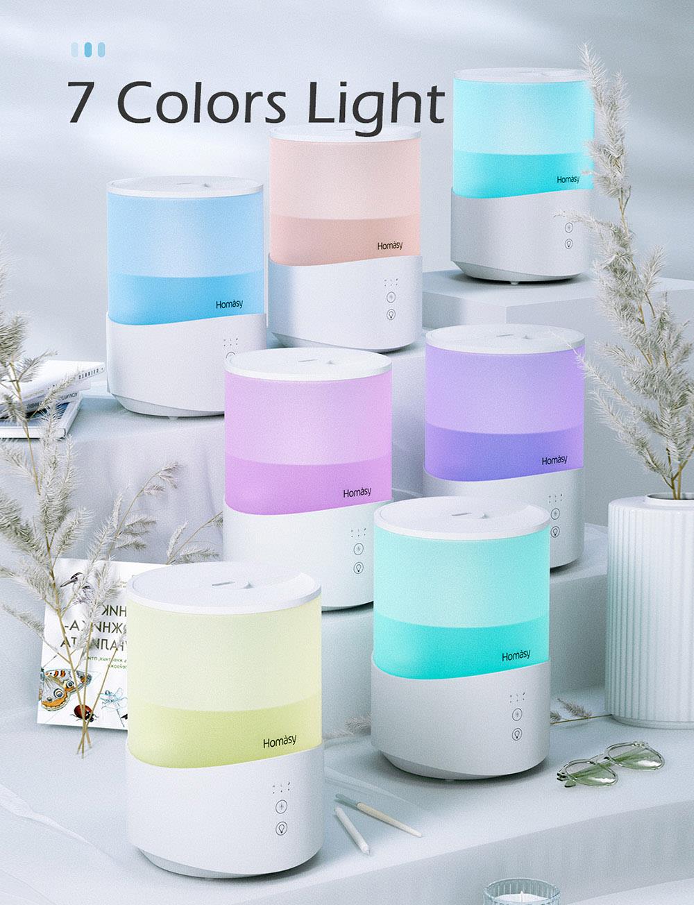 Homasy Humidifiers Aroma Diffuser 4L Large Capacity 7-Color Night Light Cool Mist 50Hrs Work Time Top-Fill Low Noise for Bedroom - White