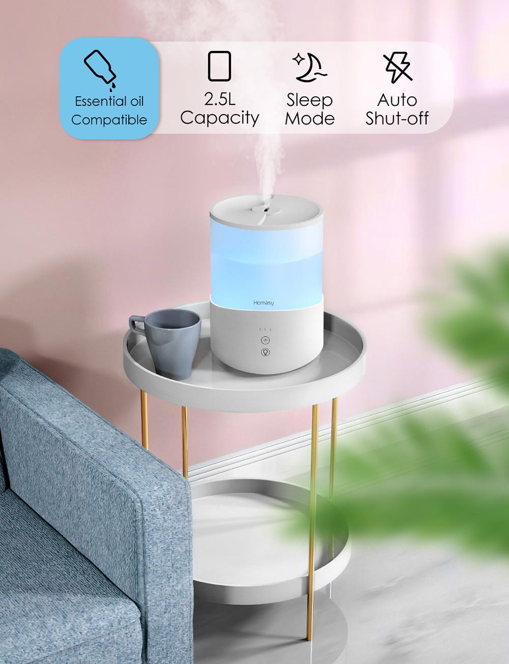 Homasy Humidifiers Aroma Diffuser 4L Large Capacity 7-Color Night Light Cool Mist 50Hrs Work Time Top-Fill Low Noise for Bedroom - White