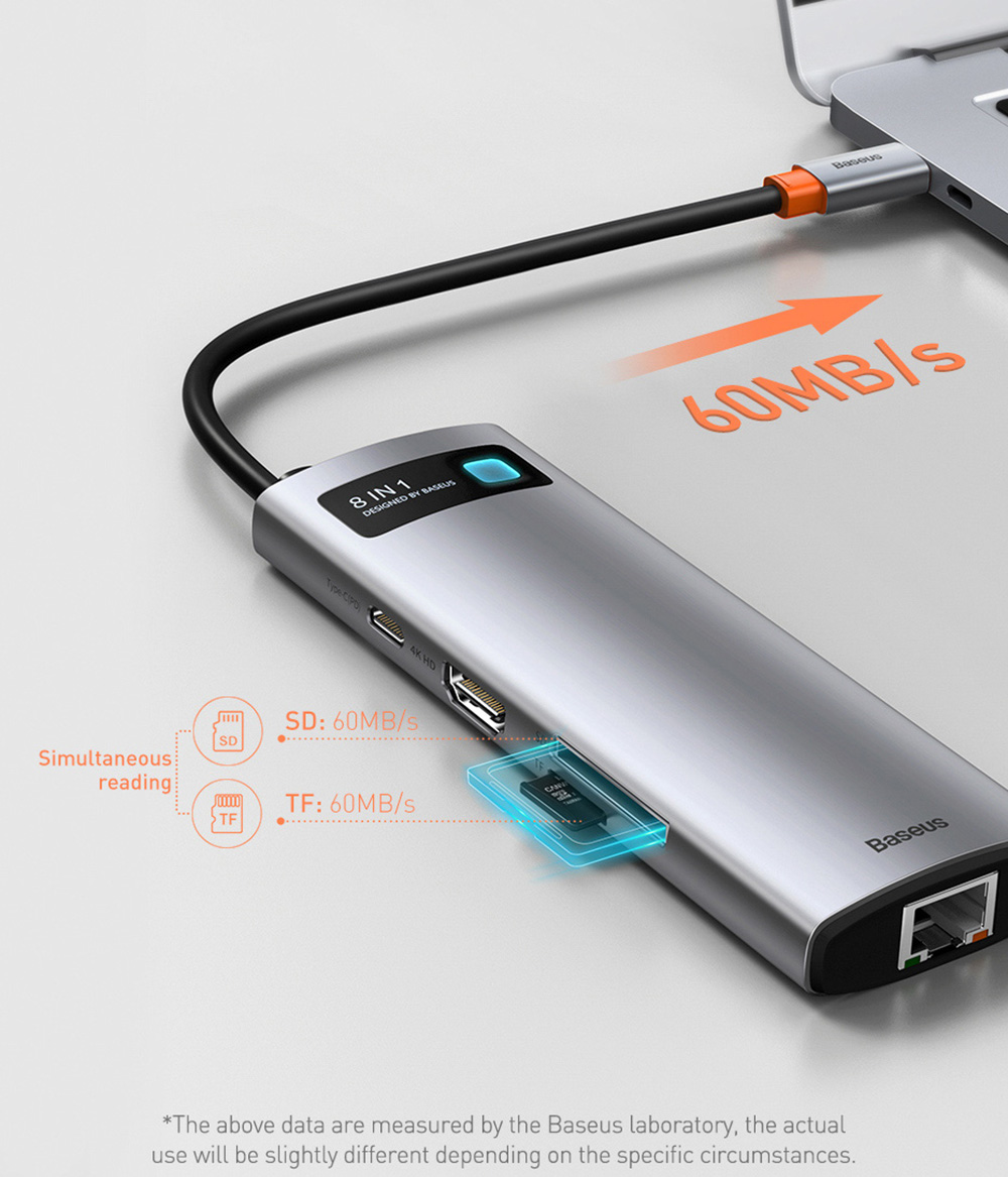 Baseus 6-in-1 Type-C USB 3.0 HUB Adapter for Laptop Tablet Phone - Gray