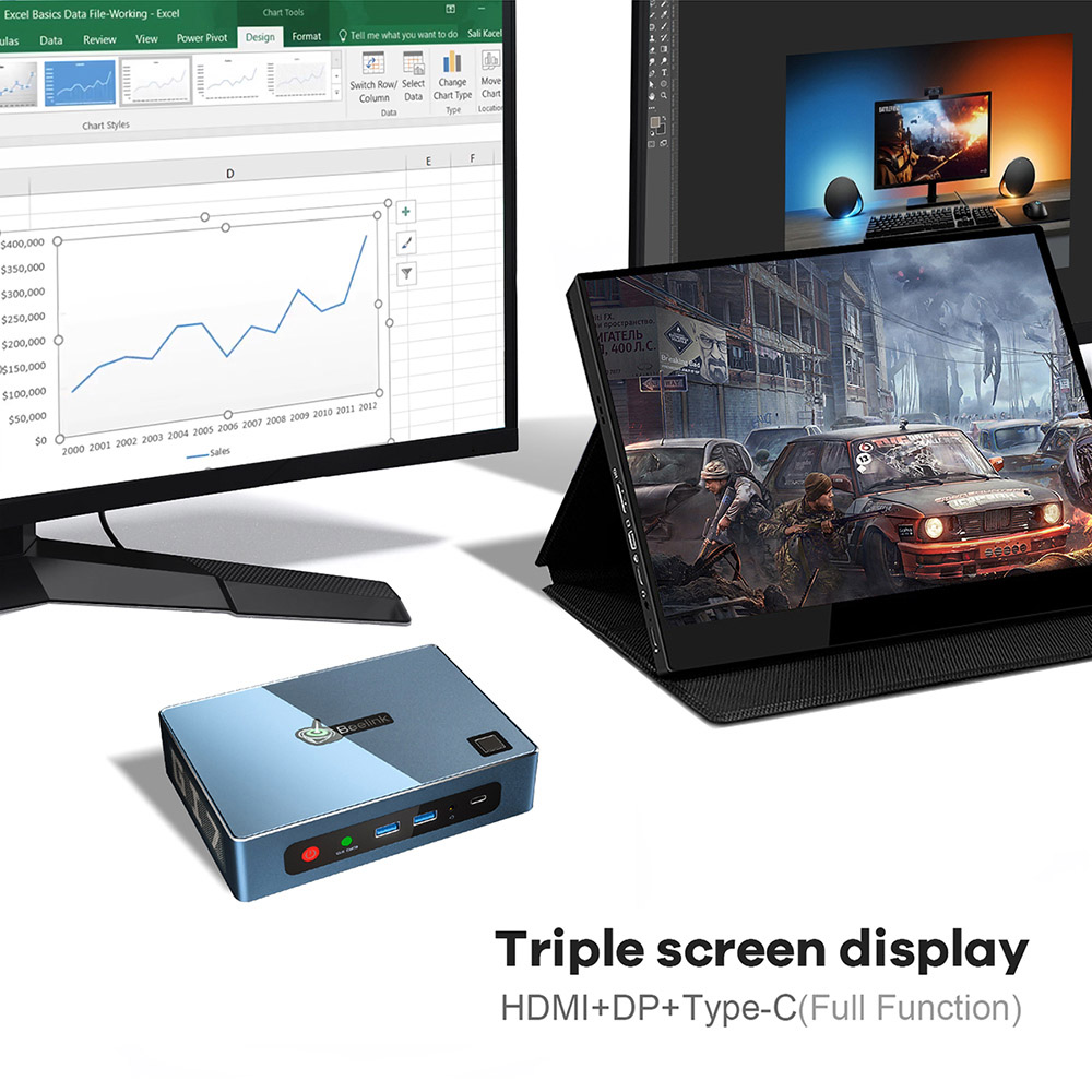 Beelink GTI 11 Windows 11 Mini PC Intel Core i7-1165G7 32GB DDR4 500GB SSD WIFI6 Dual 2.5G RJ45 HDMI 4K DP 8K