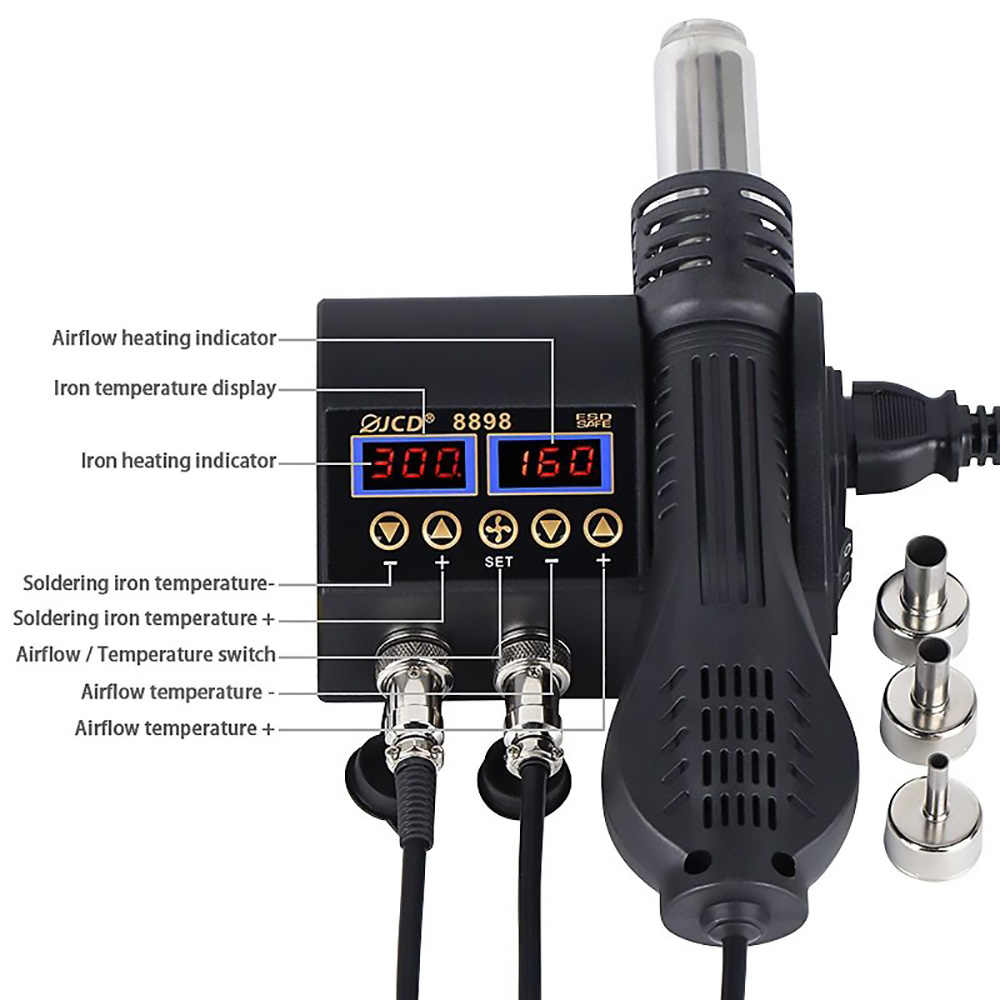 JCD 8898 2in1 750W Soldering Station Hot Air Gun Heater LCD Digital Display Soldering Iron Welding Rework Station
