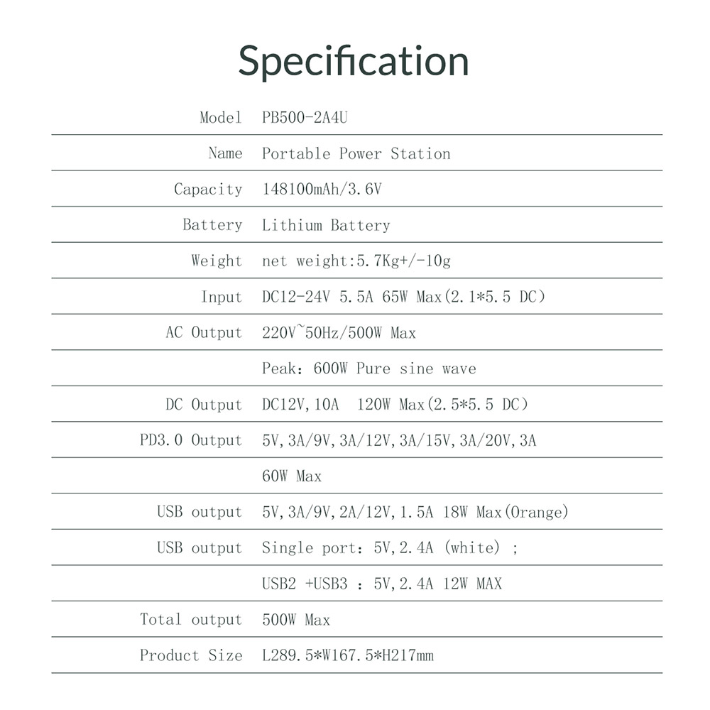 ORICO PB500 500W Portable Power Station 148100mAh Lithium Battery Pure Sine Wave AC Outlet Fire-retardant Fuselage