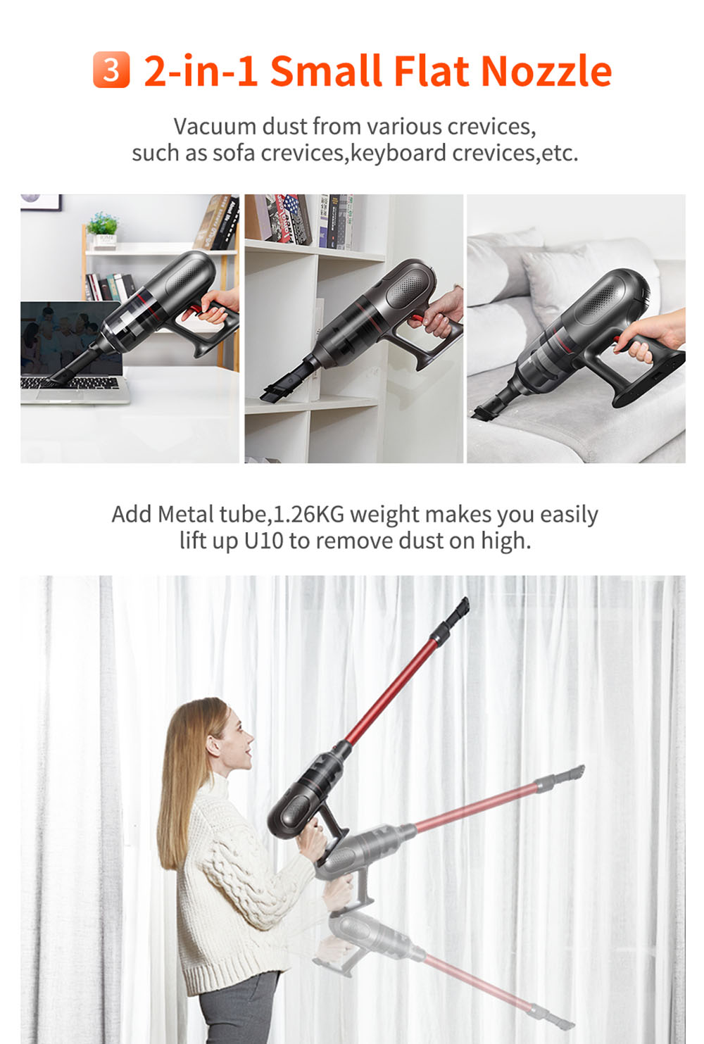 Ultenic U10 Cordless Vacuum Cleaner 25Kpa Suction 2200mAh Battery 35Mins Runtime Intelligent Dust Sensor Removable Battery with LED Lamp - Red
