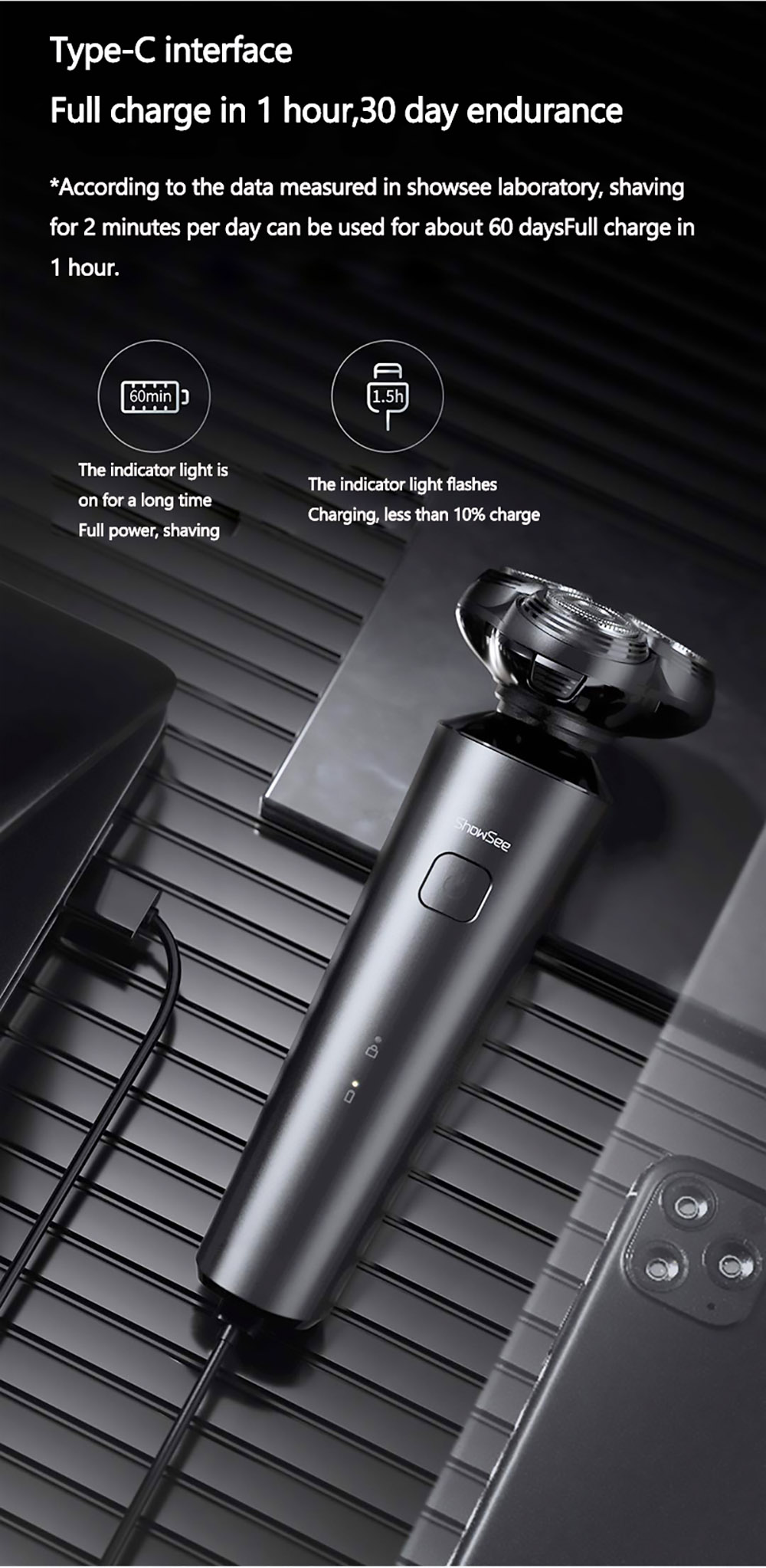 Xiaomi ShowSee F303-BK Electric Shaver 500W Strong Power Noise-Reducing Omnidirectional Floating - Black