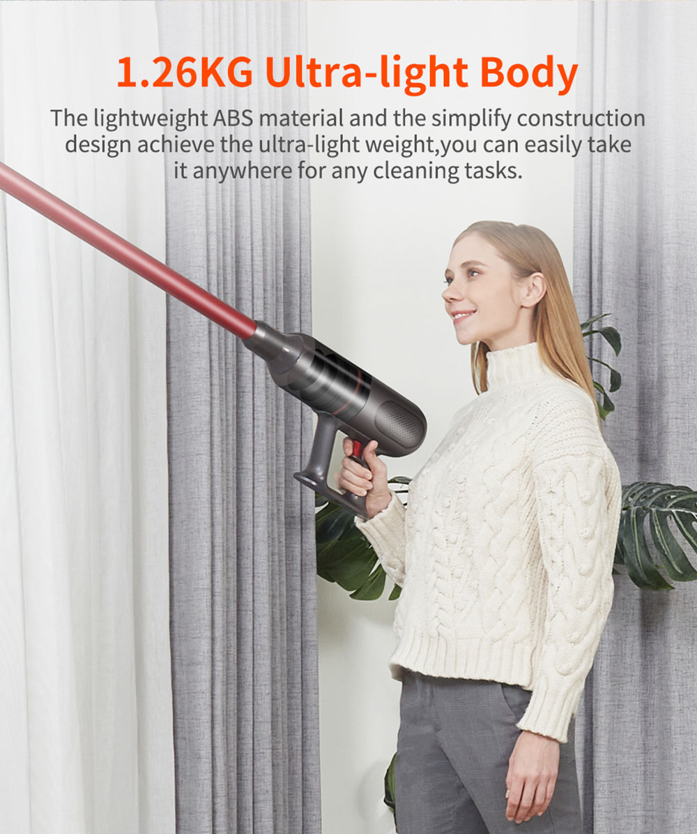 Ultenic U10 Cordless Vacuum Cleaner 25Kpa Suction 2200mAh Battery 35Mins Runtime Intelligent Dust Sensor Removable Battery with LED Lamp - Red