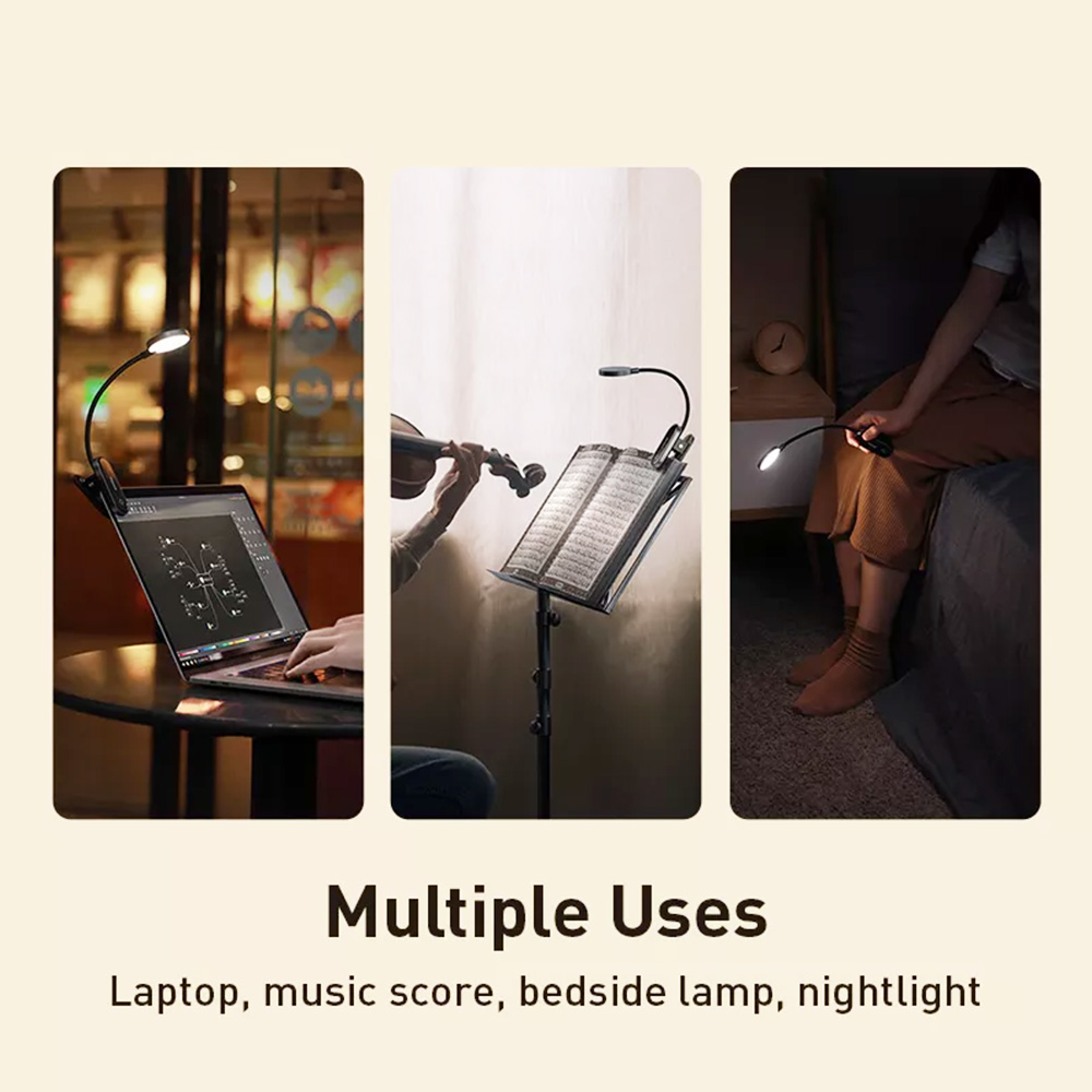 Baseus LED Mini Clip-on Desk Lamp 360 Degree Flexible Rechargeable Night Ligh0t for Travel Bedroom Book-Reading-Black