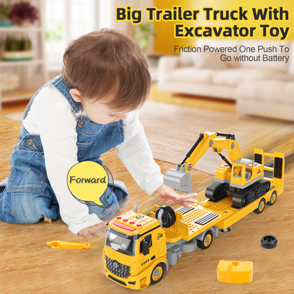 Building Construction Trailer Truck & Excavator Toys for 3 4 5 6 Years Old Toddlers Kids, 108PCS Building Block Toy Set